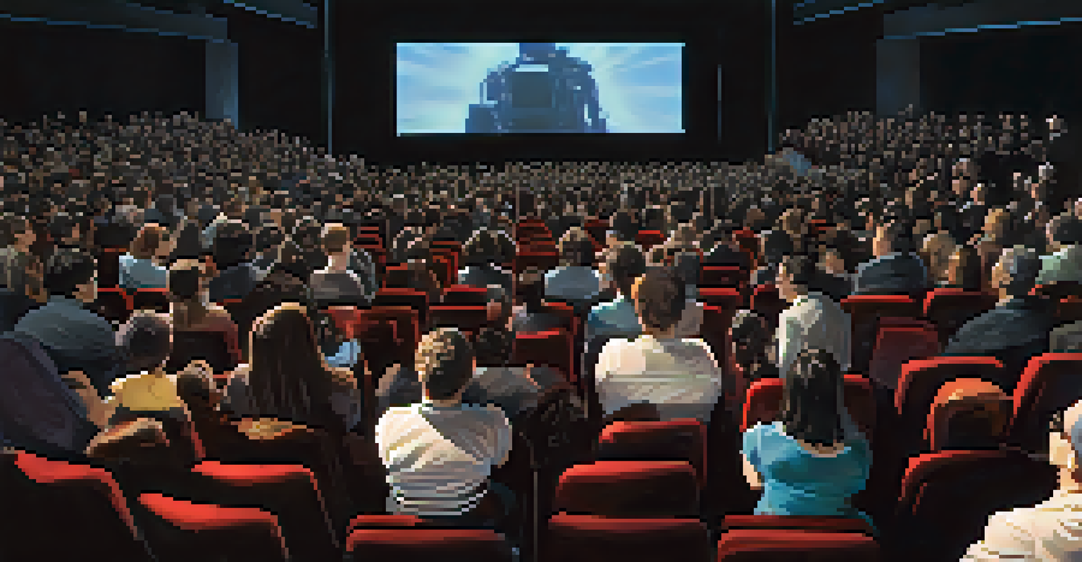 A filmmaker watching an audience react during a test screening, with illuminated faces and a note-taking filmmaker in the foreground.