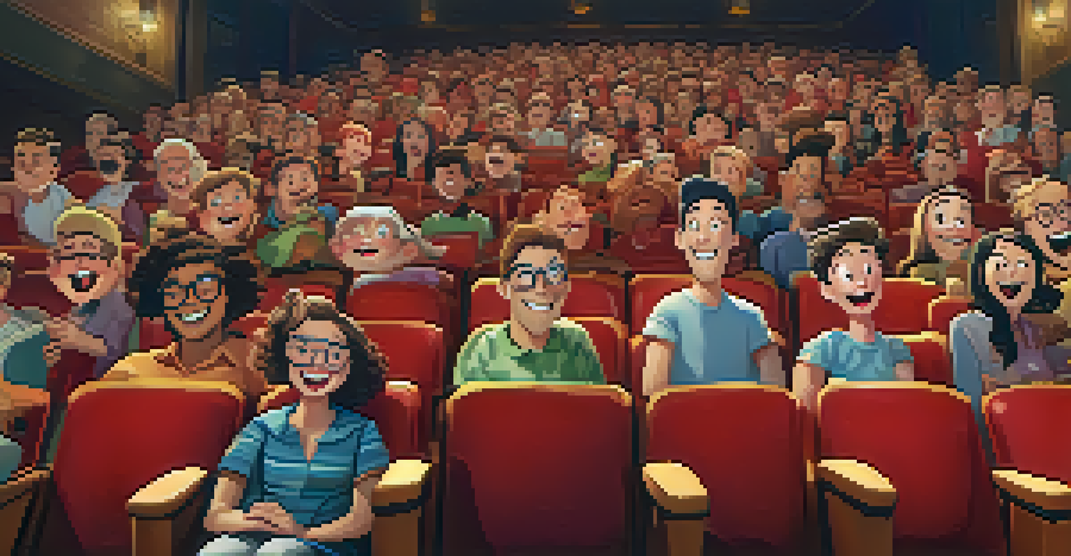 A cartoon-style illustration of a diverse theater audience laughing at a satirical film, with exaggerated expressions and a cozy atmosphere.