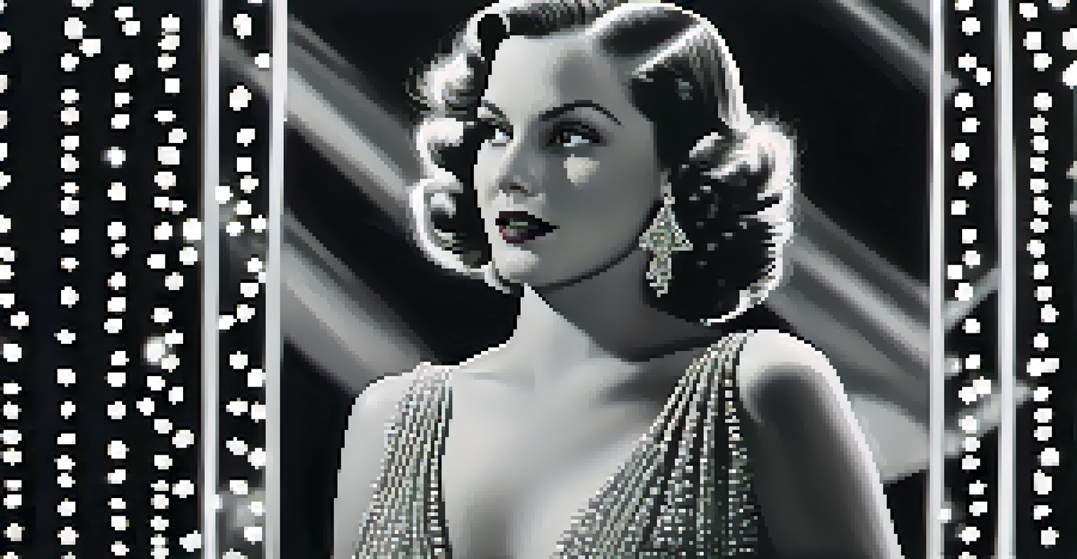 A black and white portrait of a classic Hollywood actress from the 1930s in an elegant gown, with a blurred film premiere in the background.