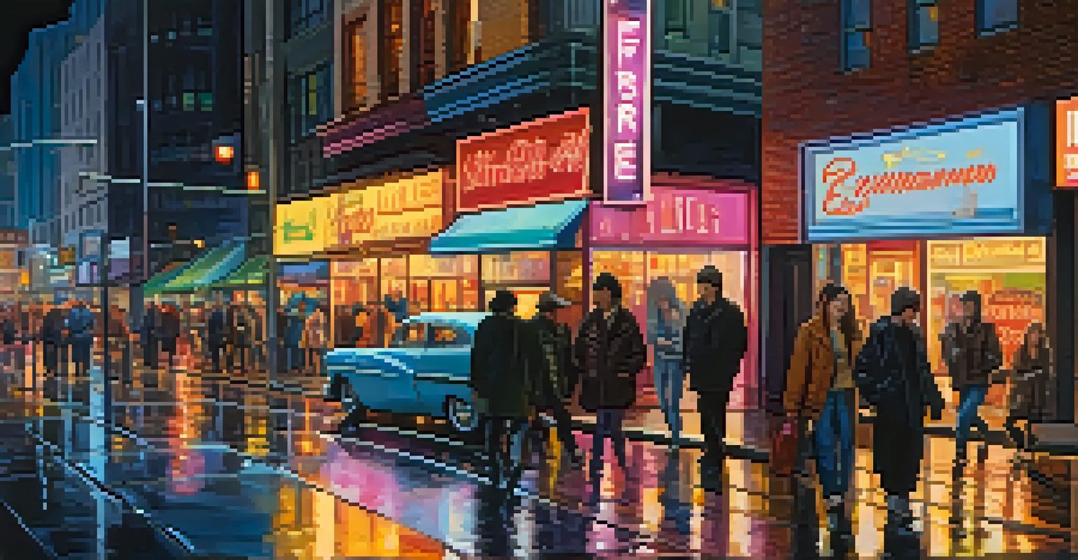 A lively urban street at night filled with neon lights and reflections on the wet pavement.