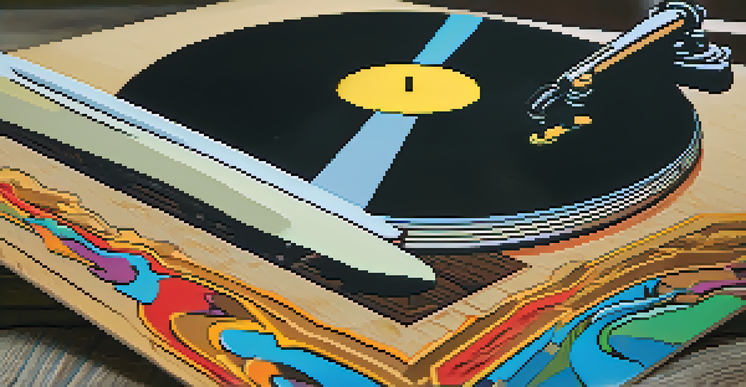 A close-up of a limited-edition vinyl soundtrack from a cult film, showcasing its intricate artwork on a wooden table.