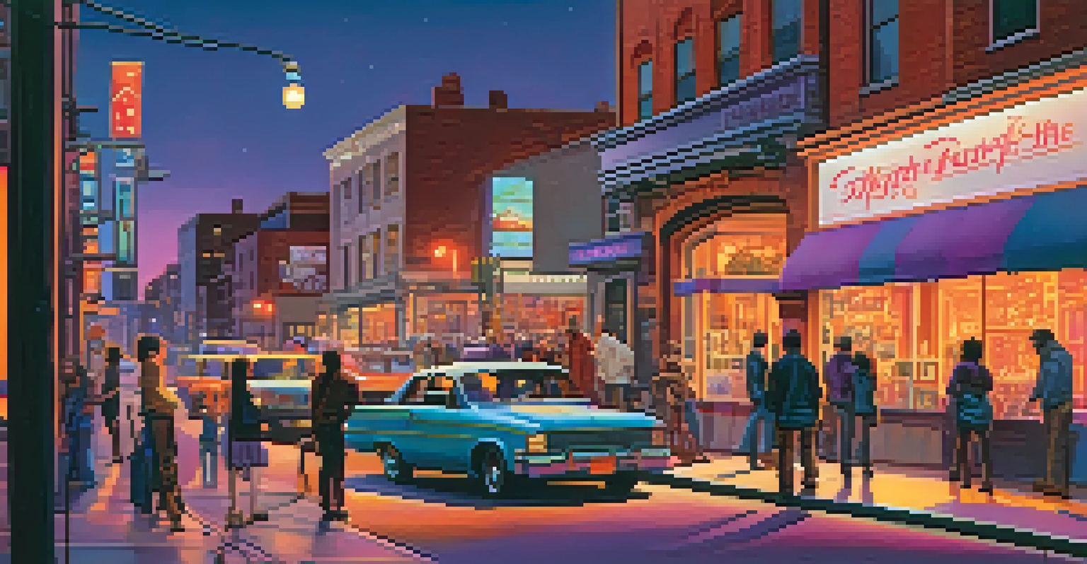 A busy city street at twilight with neon signs, people walking, and a street musician playing guitar under a colorful sky.