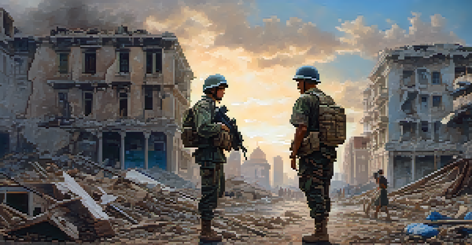 A soldier shares a moment with a civilian in a damaged city, showing compassion against a backdrop of crumbling buildings and a bright blue sky.