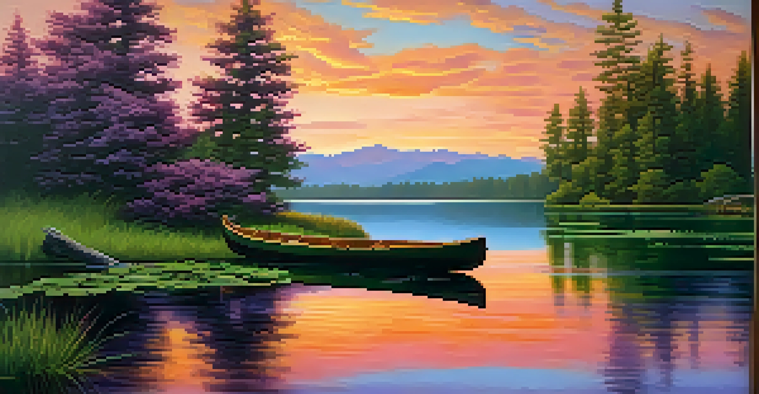 A tranquil lake at sunset with vibrant colors, surrounded by lush trees and a wooden dock with a canoe.