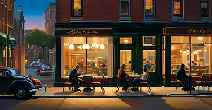 A couple sitting at a café table on a tranquil urban street at dusk, with warm café lights and a colorful sunset sky.