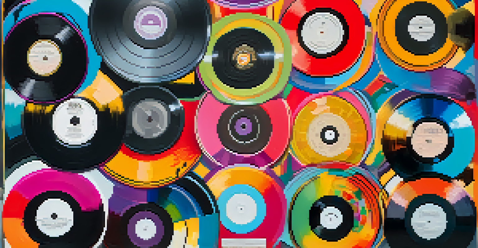 An artistic representation of a film soundtrack playlist with colorful vinyl records, musical notes, and a vibrant background symbolizing emotions and film genres.