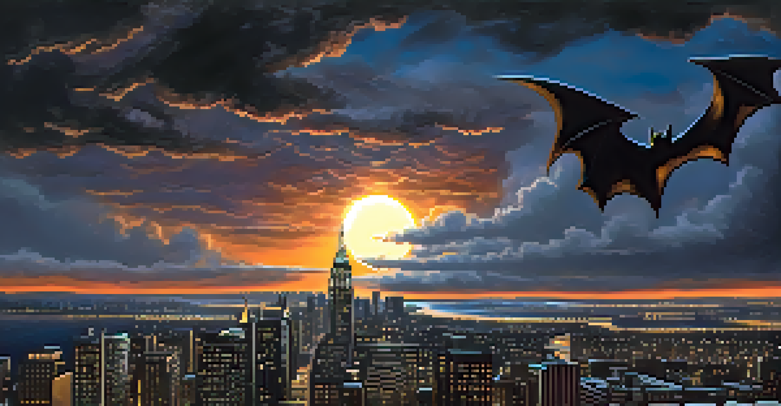 The Bat Signal shining in a night sky over a dark cityscape.