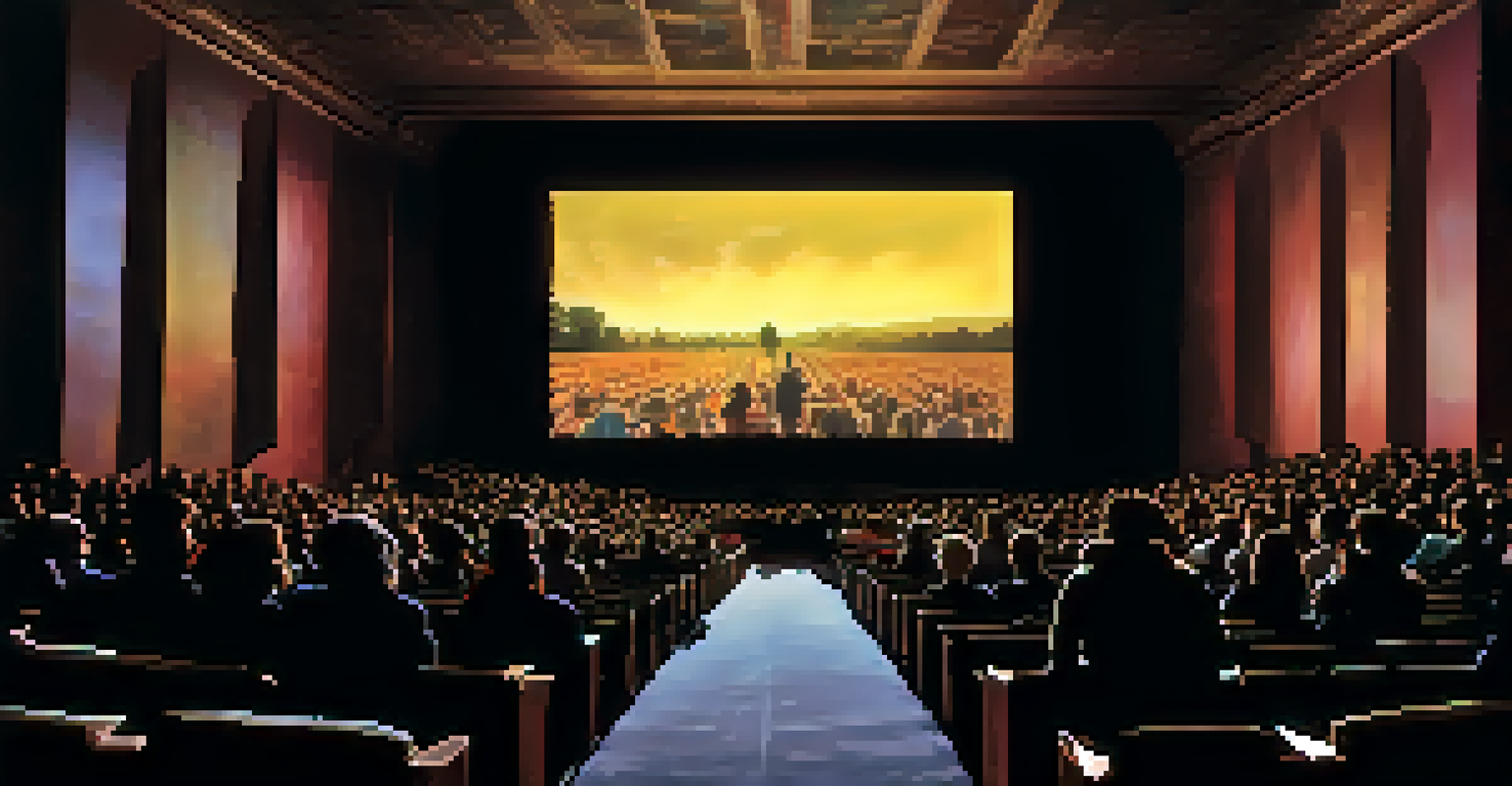 An audience watches documentary films on a large screen in a dark theater, captivated by vibrant images.