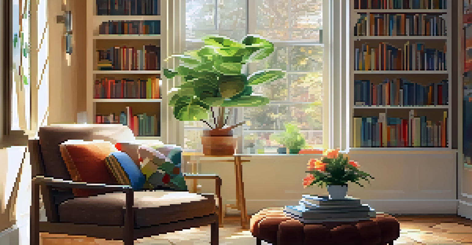 A cozy reading nook with an armchair, books, and a lamp, bathed in warm light.