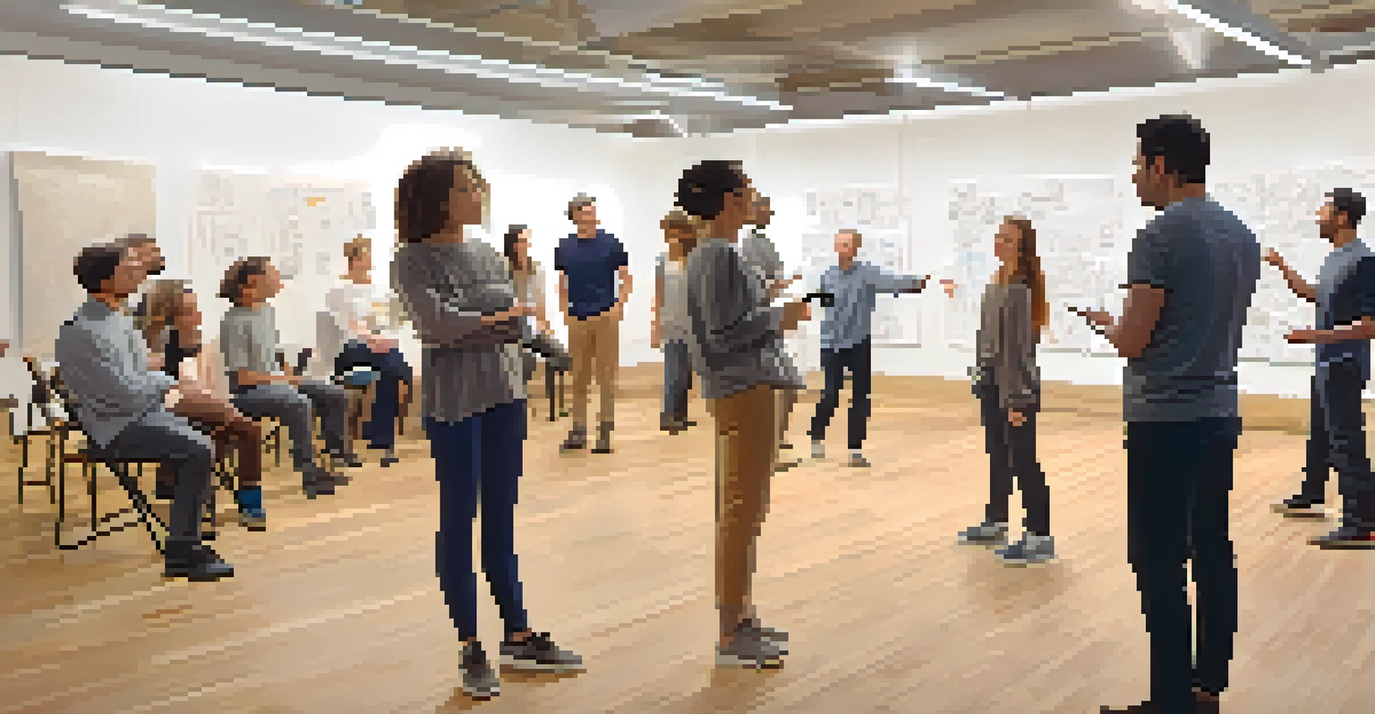 Actors in a rehearsal space practicing improvisational techniques, showcasing a lively creative environment.