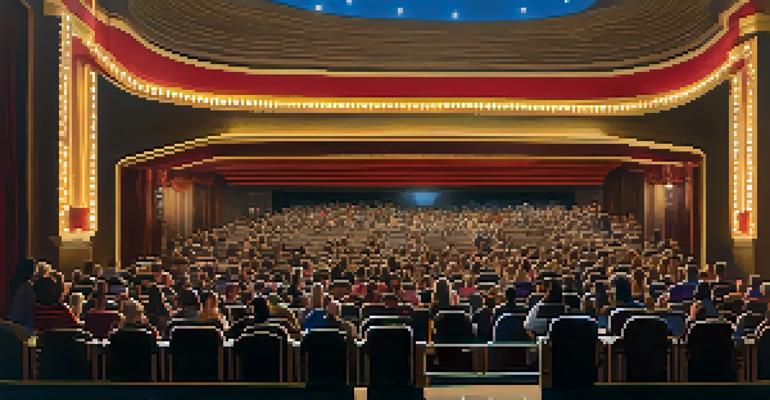 A diverse audience in a movie theater, illuminated by the light from the screen, showing various emotions.