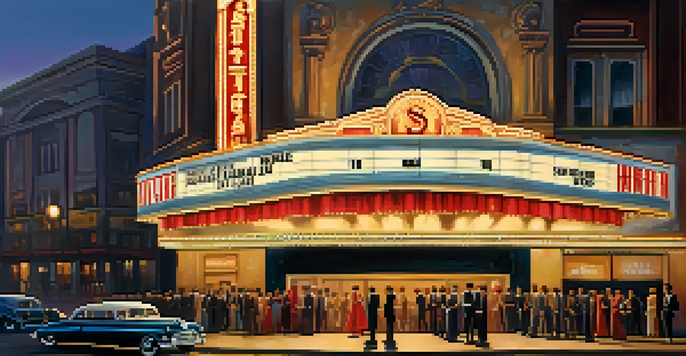 A vintage cinema marquee at dusk with colorful lights and elegantly dressed moviegoers approaching the entrance.