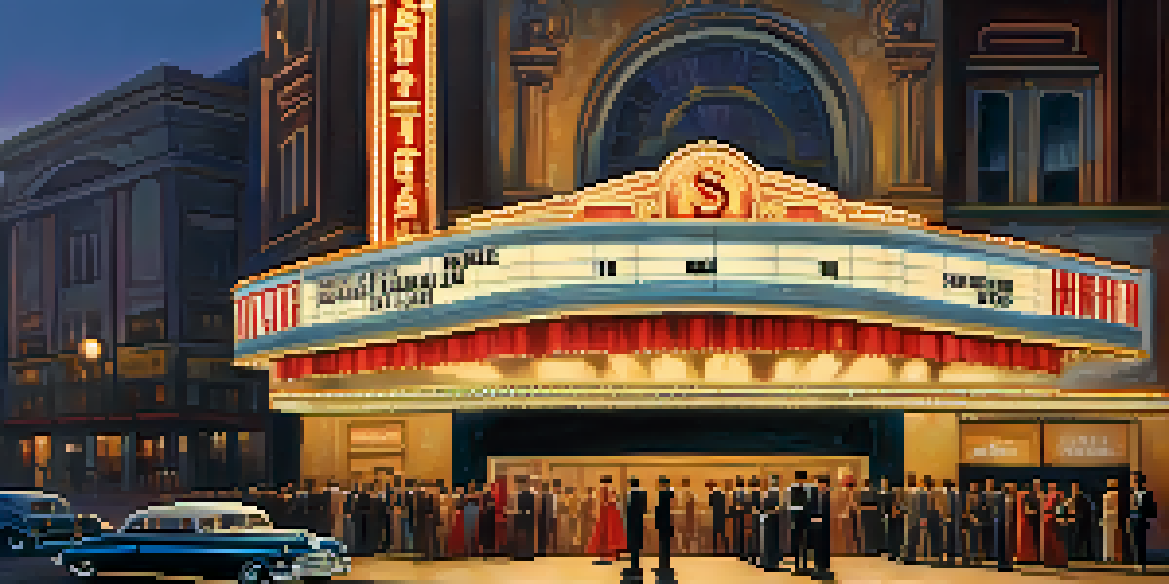 A vintage cinema marquee at dusk with colorful lights and elegantly dressed moviegoers approaching the entrance.