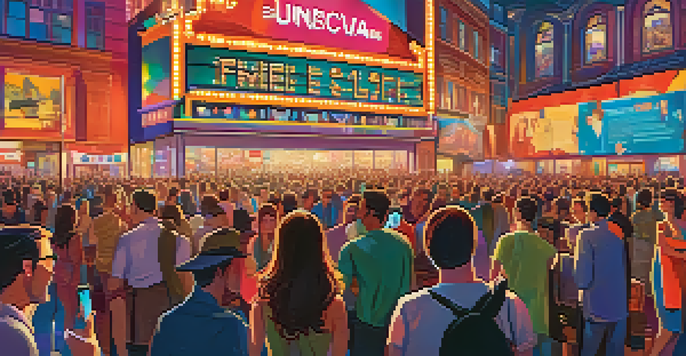 A lively film festival scene with a diverse crowd using their devices to share experiences, colorful banners, and a large screen showing film clips.