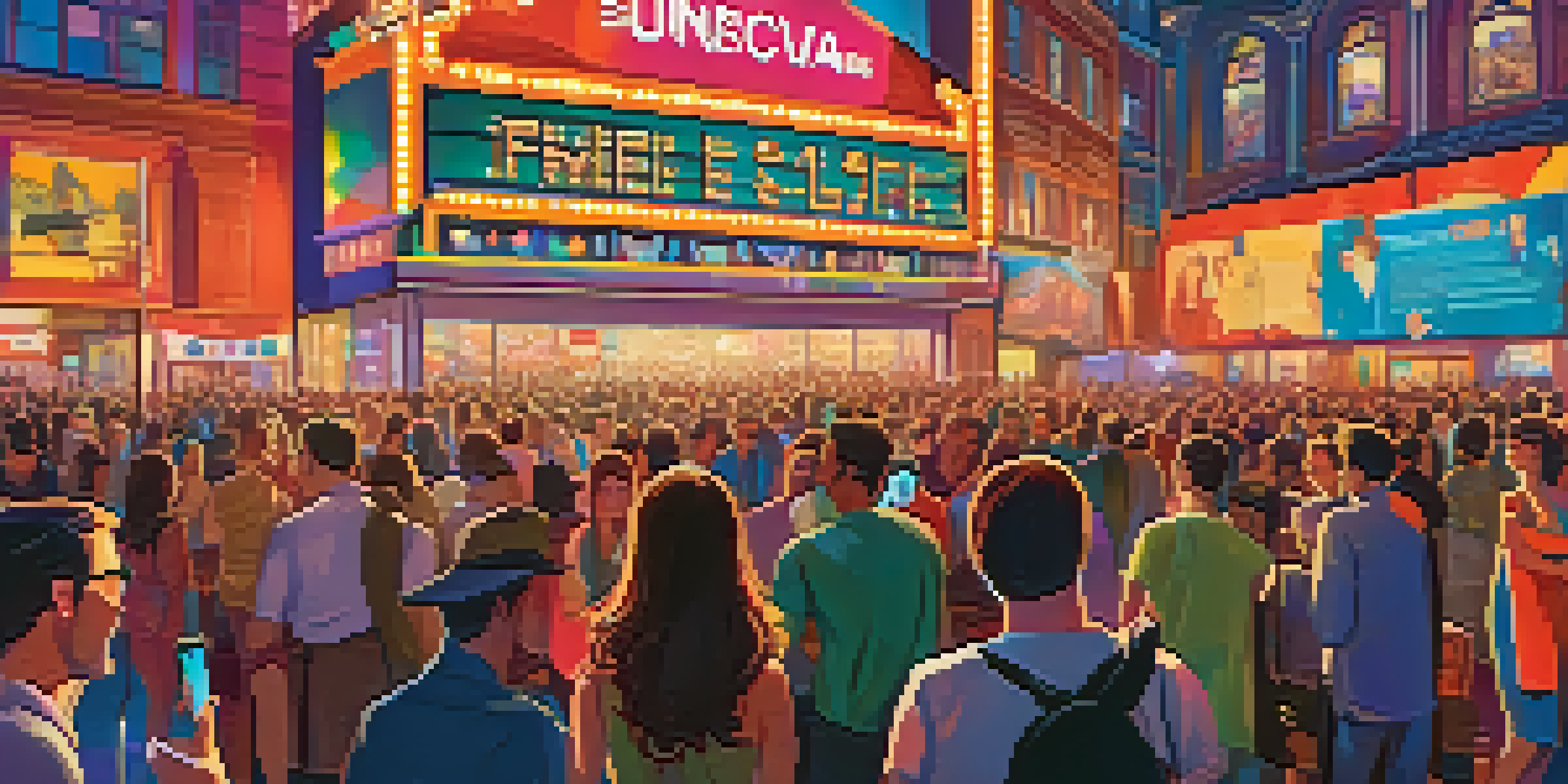 A lively film festival scene with a diverse crowd using their devices to share experiences, colorful banners, and a large screen showing film clips.