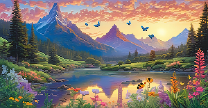 A colorful fantasy landscape with mountains, wildflowers, and a dragon-like creature in the sky.