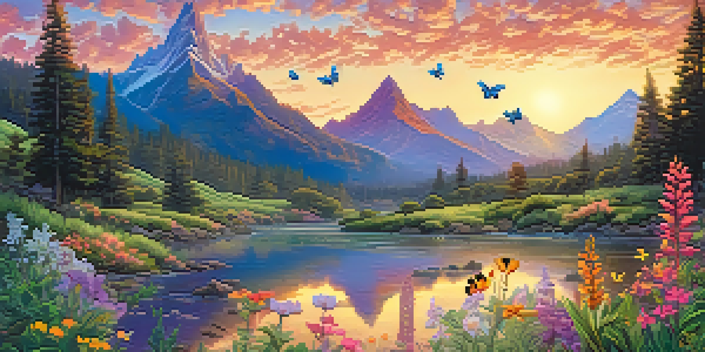 A colorful fantasy landscape with mountains, wildflowers, and a dragon-like creature in the sky.