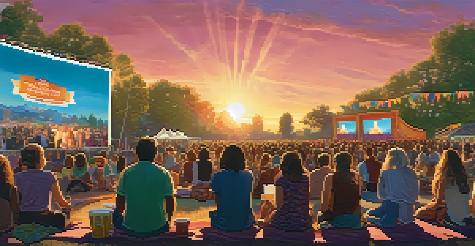 An outdoor film festival scene with an audience watching a female-directed film on a large screen, surrounded by colorful banners and food stalls.