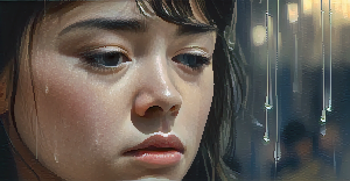 A close-up of a character showing deep emotion with tears streaming down their face, focused on their expression, while the background is softly blurred.