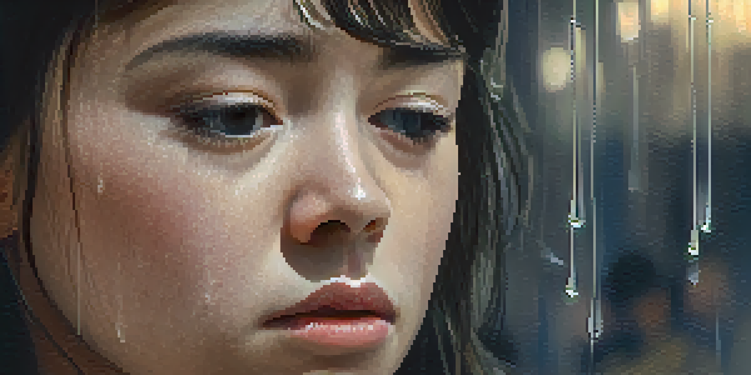 A close-up of a character showing deep emotion with tears streaming down their face, focused on their expression, while the background is softly blurred.