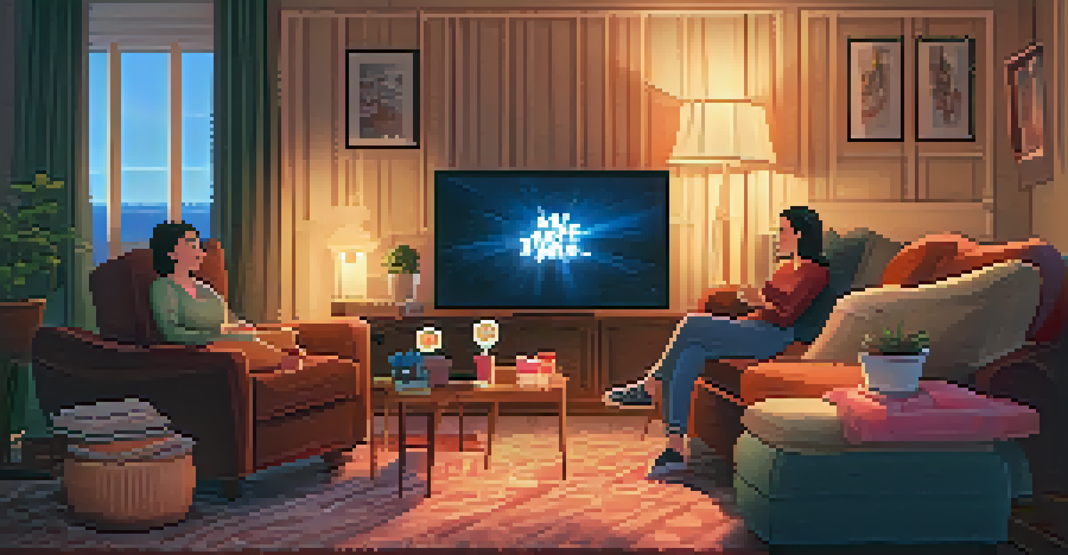 A cozy home movie night with a family watching an animated film on a large TV.