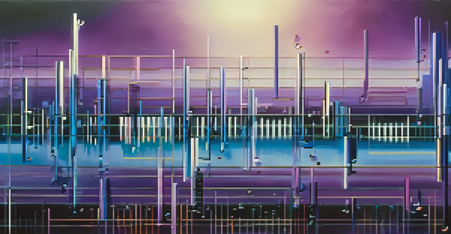 An abstract representation of music and sound in film, with musical notes and waveforms on a blue and purple gradient background.