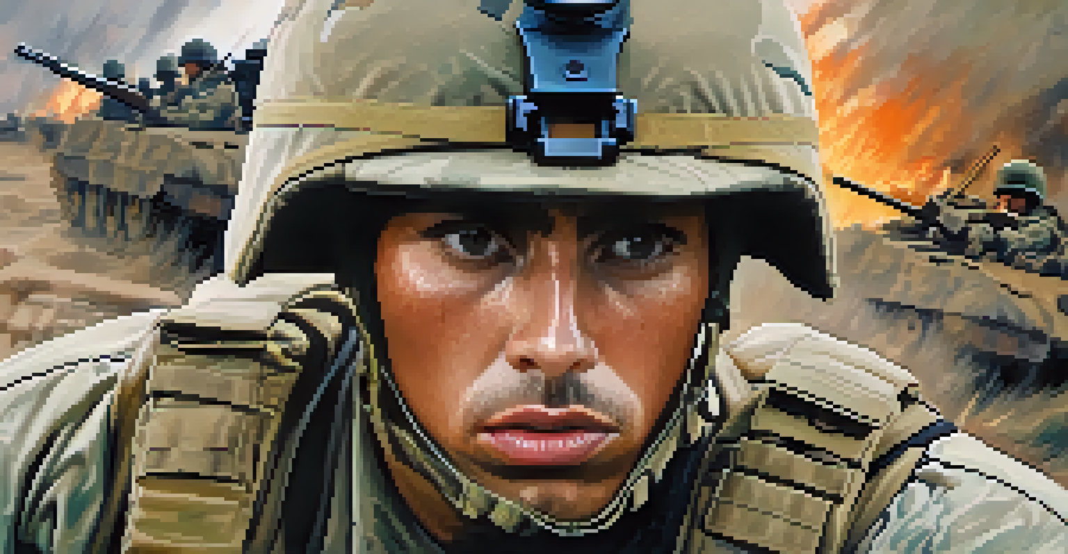 Close-up of a soldier's face expressing determination and vulnerability, with a blurred chaotic war scene in the background.