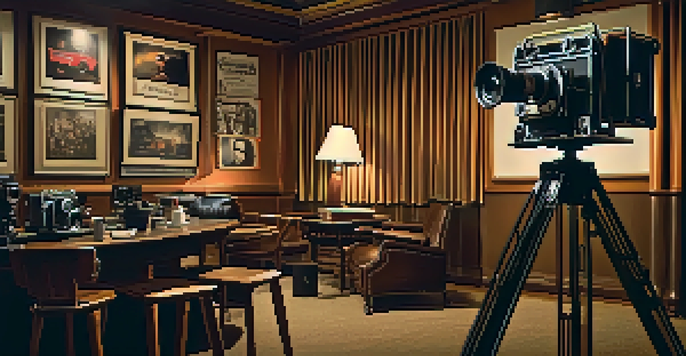 A vintage cinema scene with an old-fashioned camera on a tripod, surrounded by film reels and classic movie posters, creating a nostalgic atmosphere.