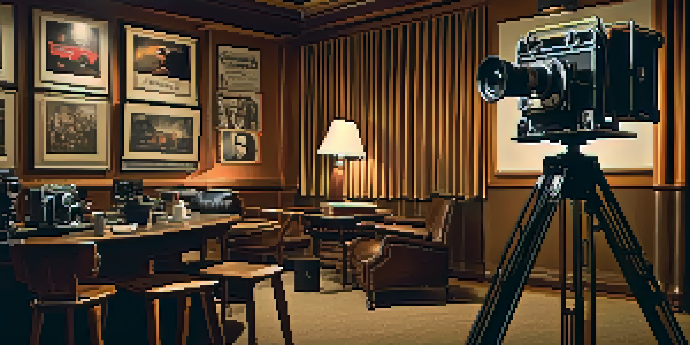 A vintage cinema scene with an old-fashioned camera on a tripod, surrounded by film reels and classic movie posters, creating a nostalgic atmosphere.