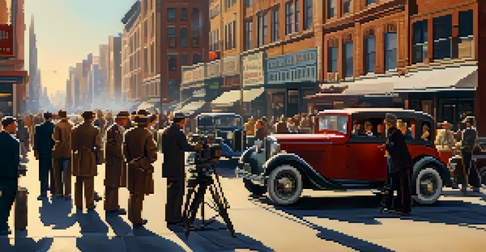 A vintage film crew recording a busy city street in the 1930s, with people, classic cars, and street vendors under warm sunlight.