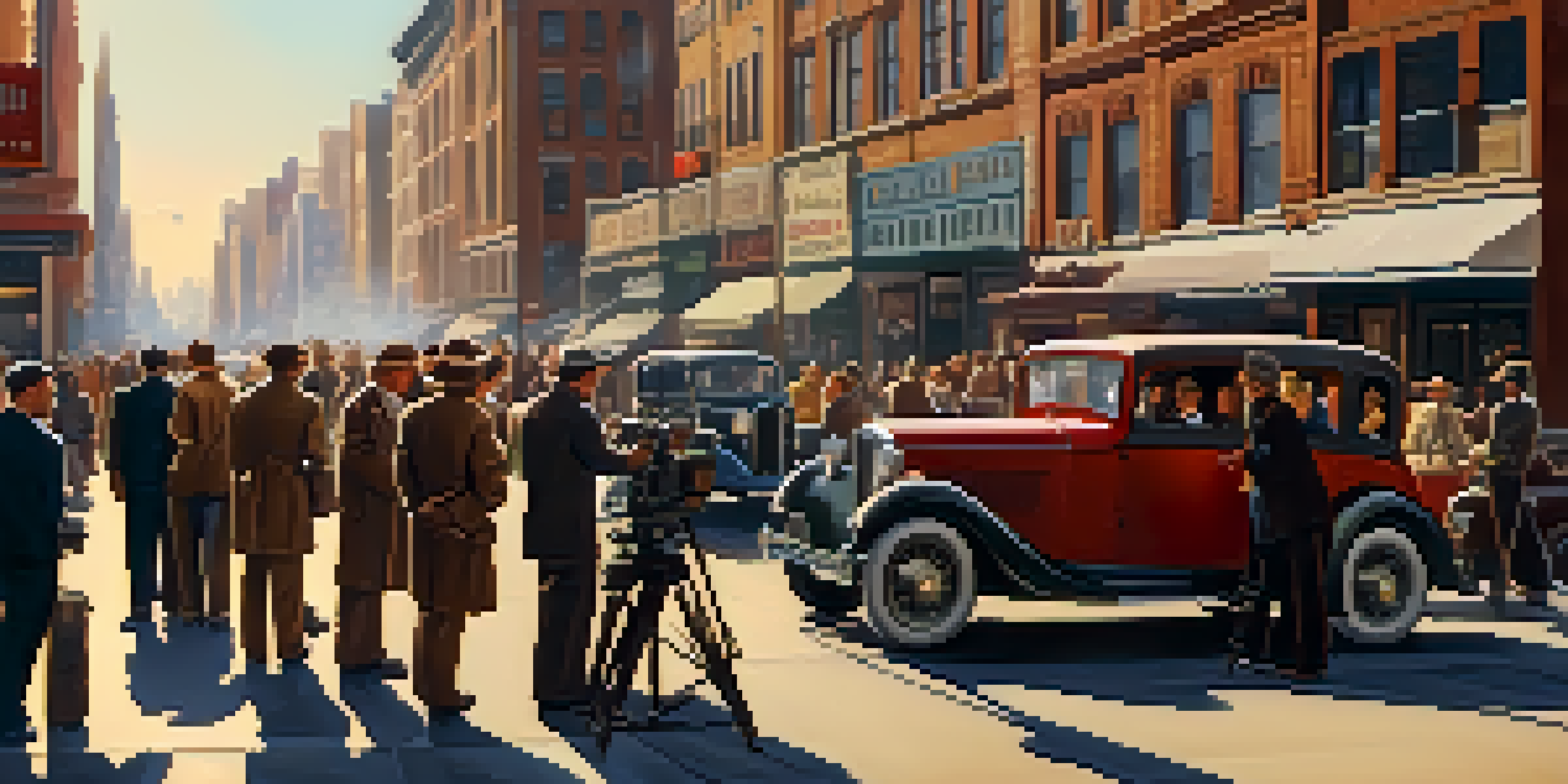 A vintage film crew recording a busy city street in the 1930s, with people, classic cars, and street vendors under warm sunlight.