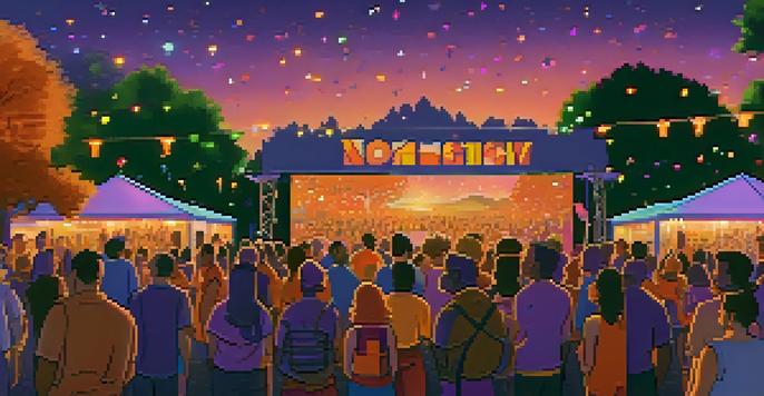 A lively outdoor film festival scene at sunset with diverse attendees discussing a film in front of a large screen, decorated with fairy lights and colorful banners.
