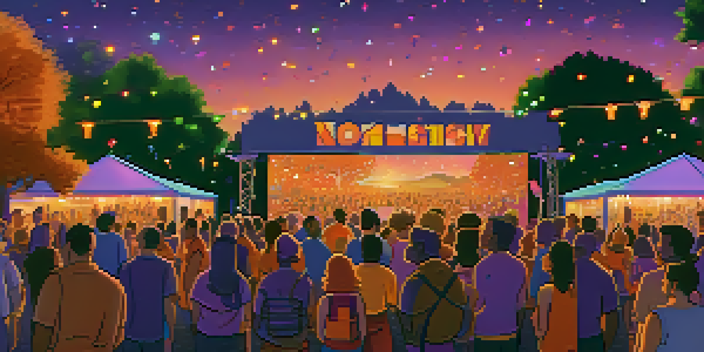 A lively outdoor film festival scene at sunset with diverse attendees discussing a film in front of a large screen, decorated with fairy lights and colorful banners.