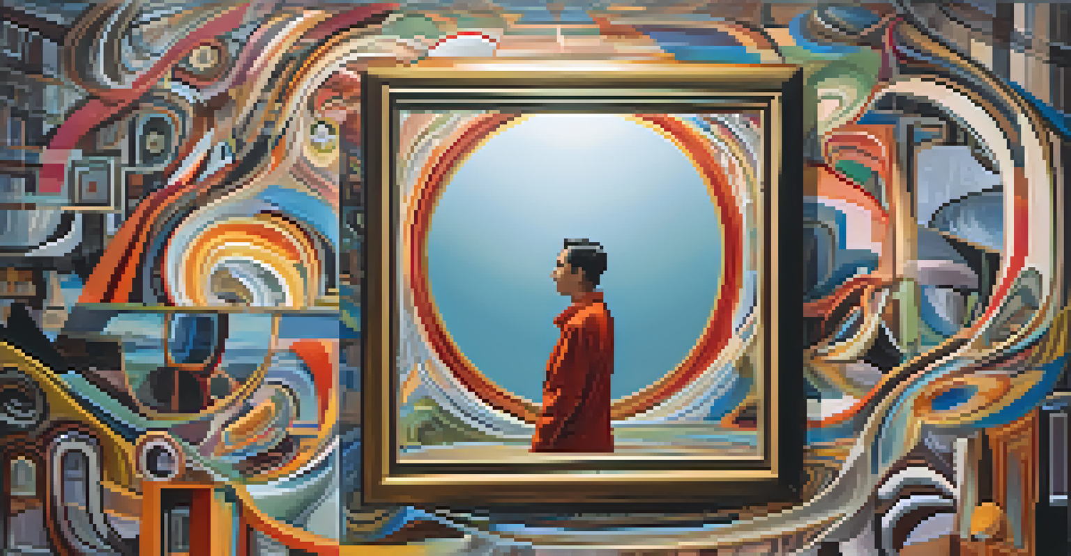 A character looking into a mirror, reflecting realization and introspection, with abstract thoughts and beliefs represented in the background.
