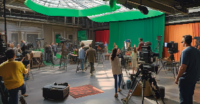 A colorful film set with filmmakers and actors working together on a cinematic universe, surrounded by cameras and props under natural sunlight.