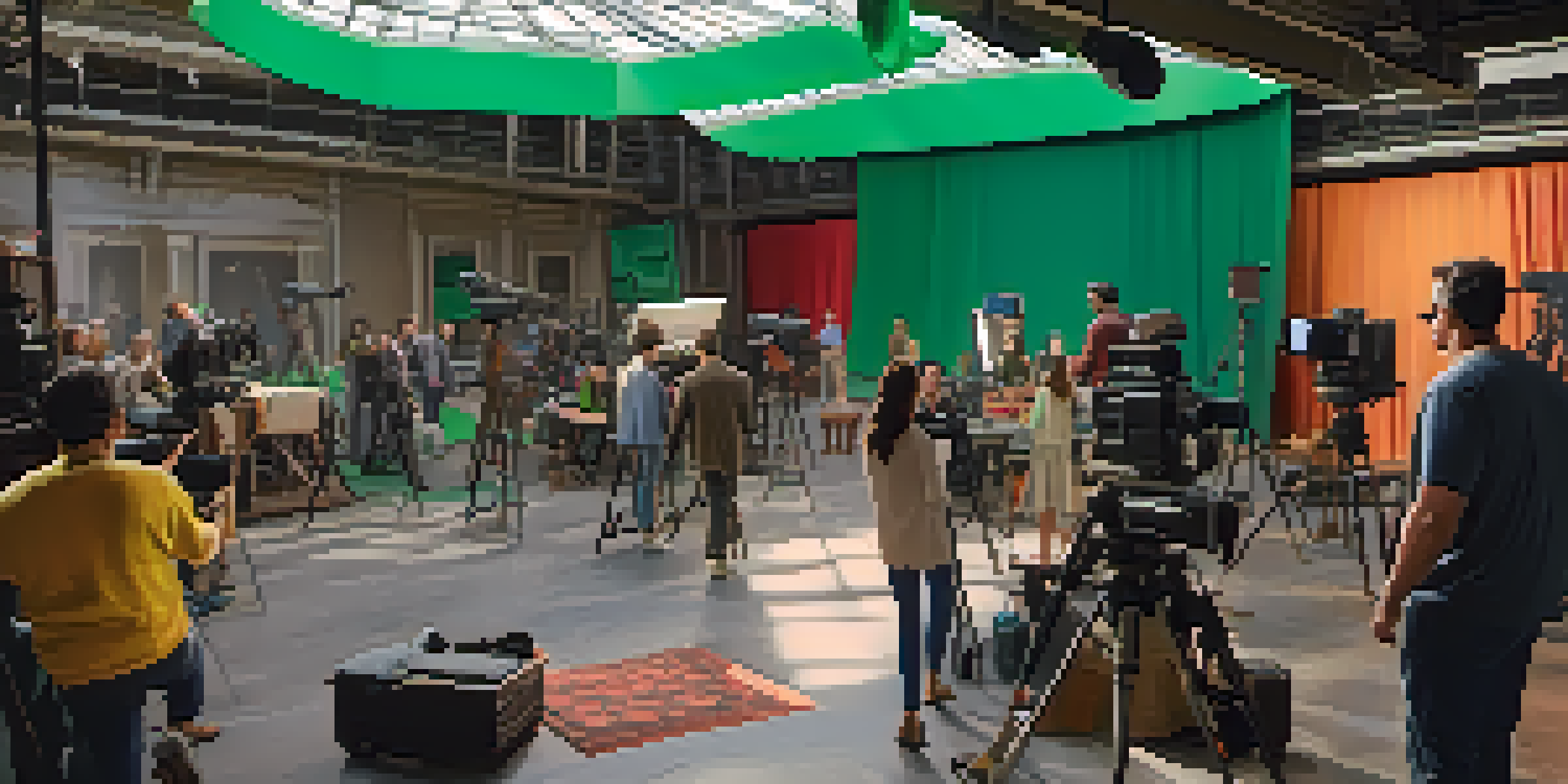 A colorful film set with filmmakers and actors working together on a cinematic universe, surrounded by cameras and props under natural sunlight.