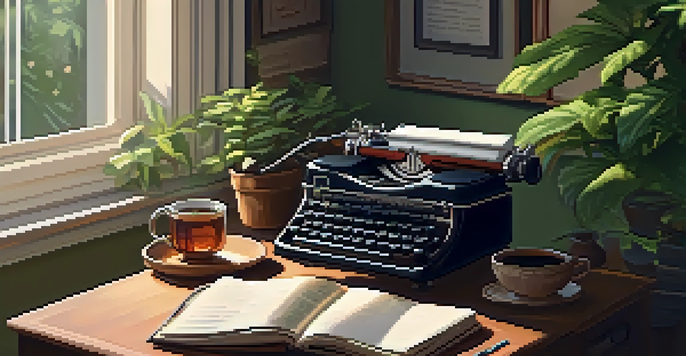A cozy writing desk by a window with warm light, cluttered with notebooks, a typewriter, and plants.
