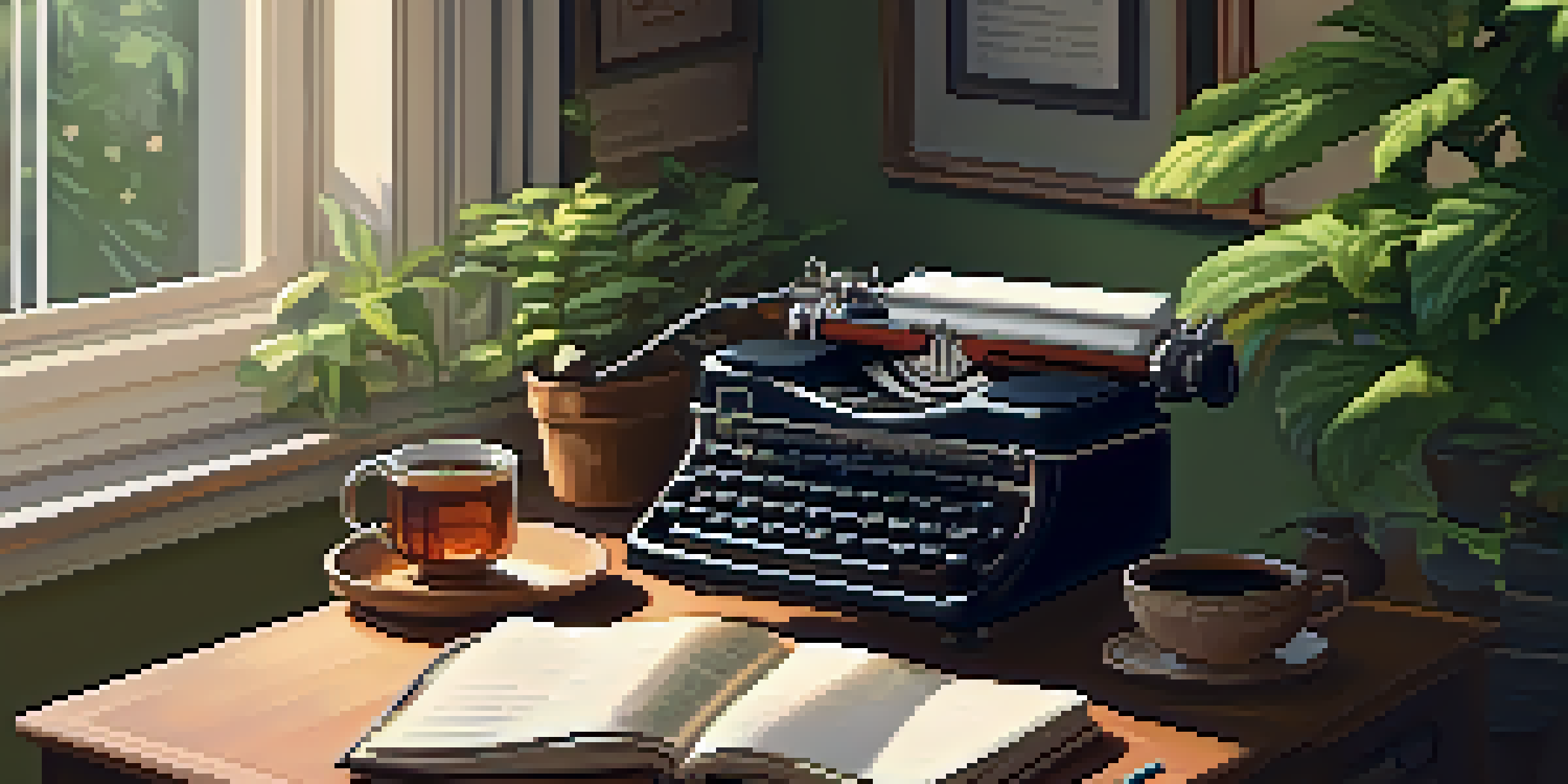 A cozy writing desk by a window with warm light, cluttered with notebooks, a typewriter, and plants.
