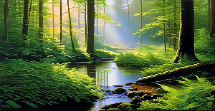 A peaceful forest with sunlight filtering through trees and mist rising from the ground, accompanied by a small stream.