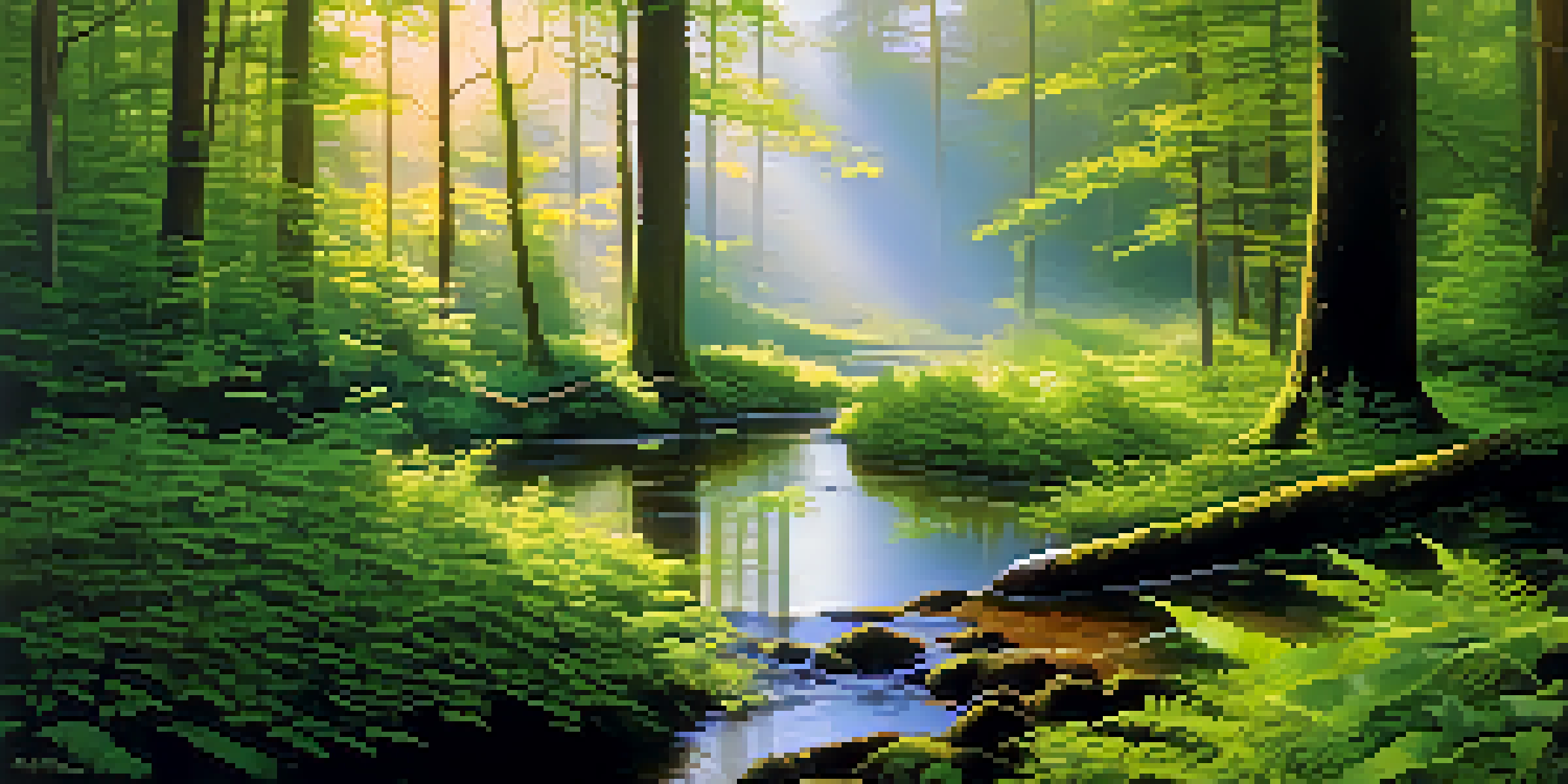 A peaceful forest with sunlight filtering through trees and mist rising from the ground, accompanied by a small stream.