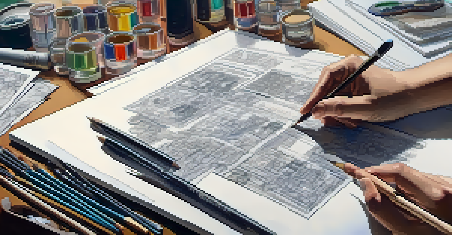 A close-up of a hand sketching on a storyboard with detailed illustrations, surrounded by art supplies on a cluttered desk.
