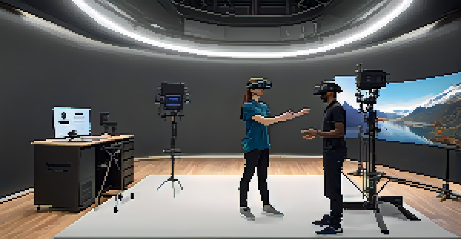 A film student directing a scene in a virtual reality classroom, receiving feedback from an instructor.