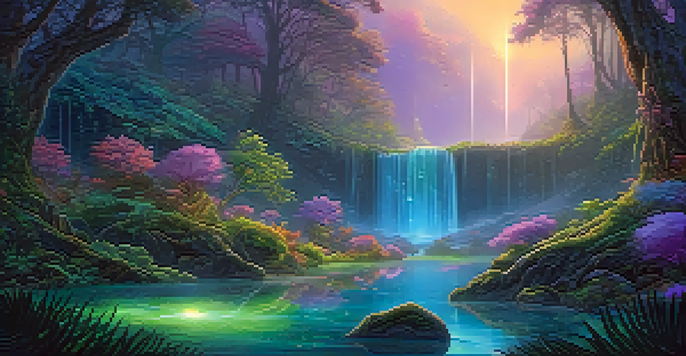 A magical forest with glowing plants, a waterfall, and mythical creatures.