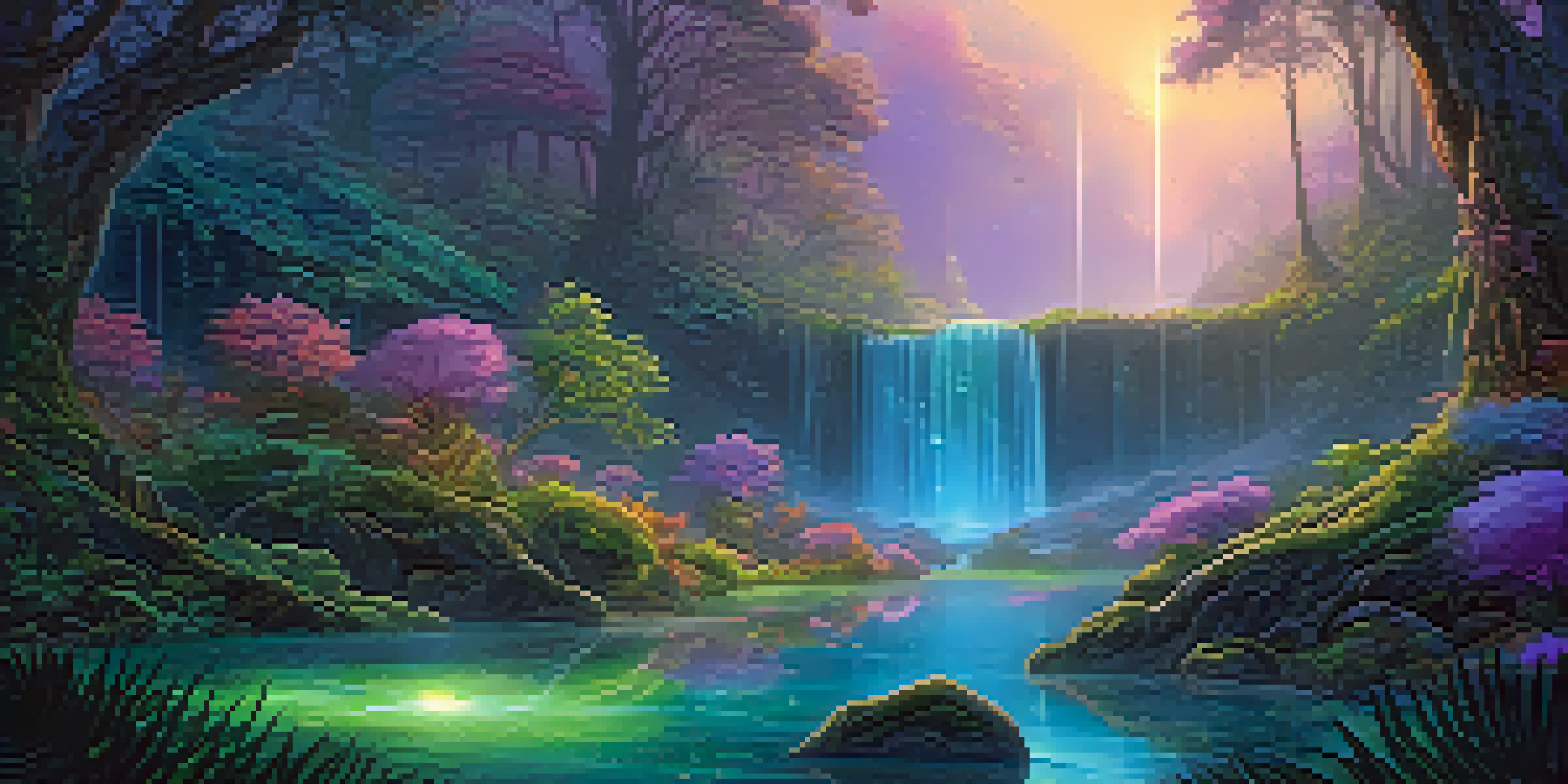 A magical forest with glowing plants, a waterfall, and mythical creatures.