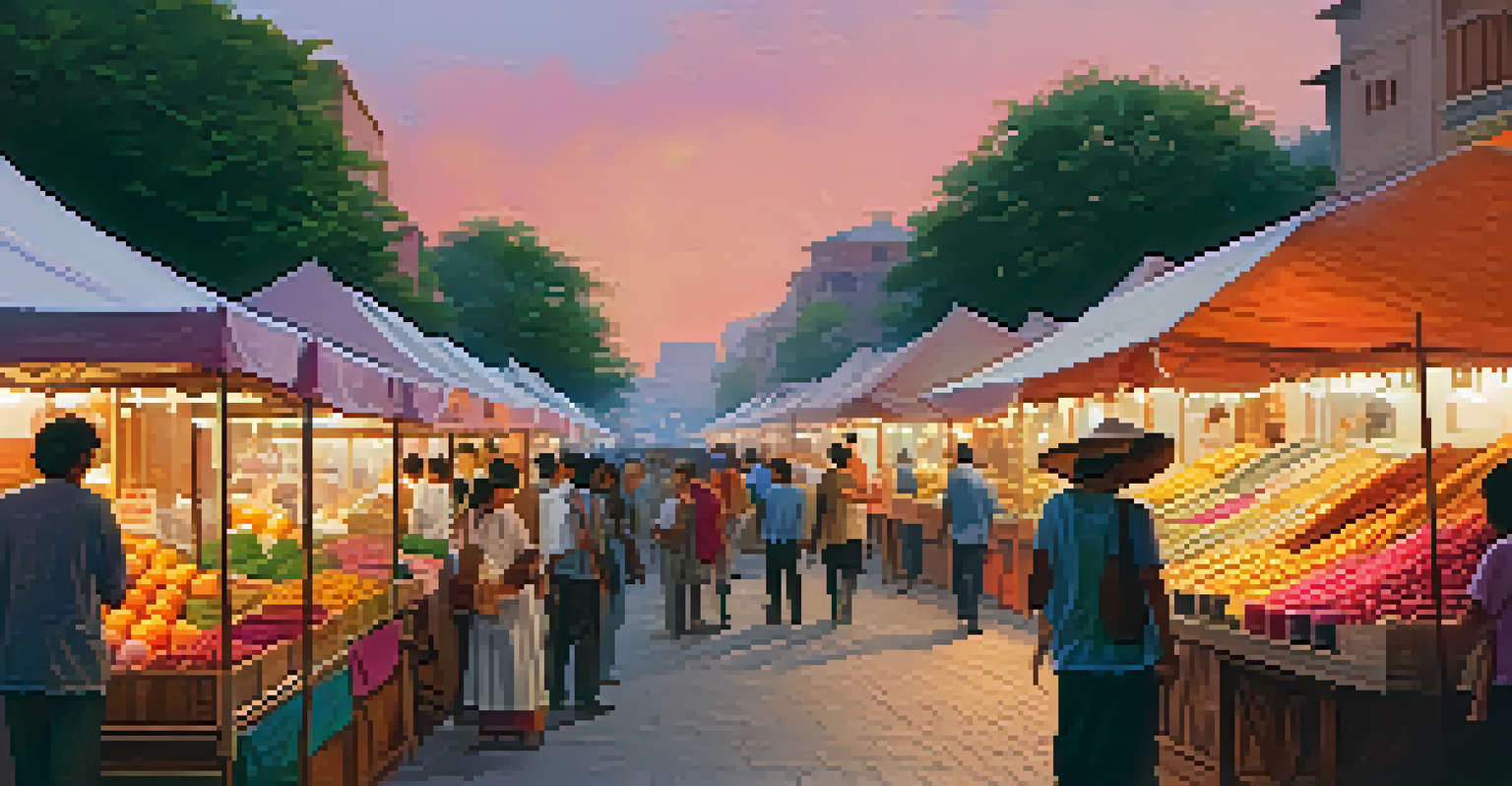 A bustling street market at sunset, with colorful stalls filled with fruits and crafts, under an orange and pink sky.