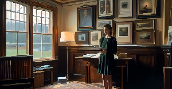 A young woman in a vintage room holding a diary, with a contemplative expression.