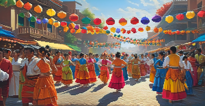 A lively street festival scene with colorful decorations and dancers in traditional clothing, surrounded by a diverse crowd.