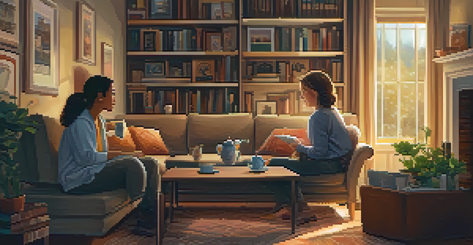 A young adult and parent having a heartfelt conversation in a cozy living room with family photos.
