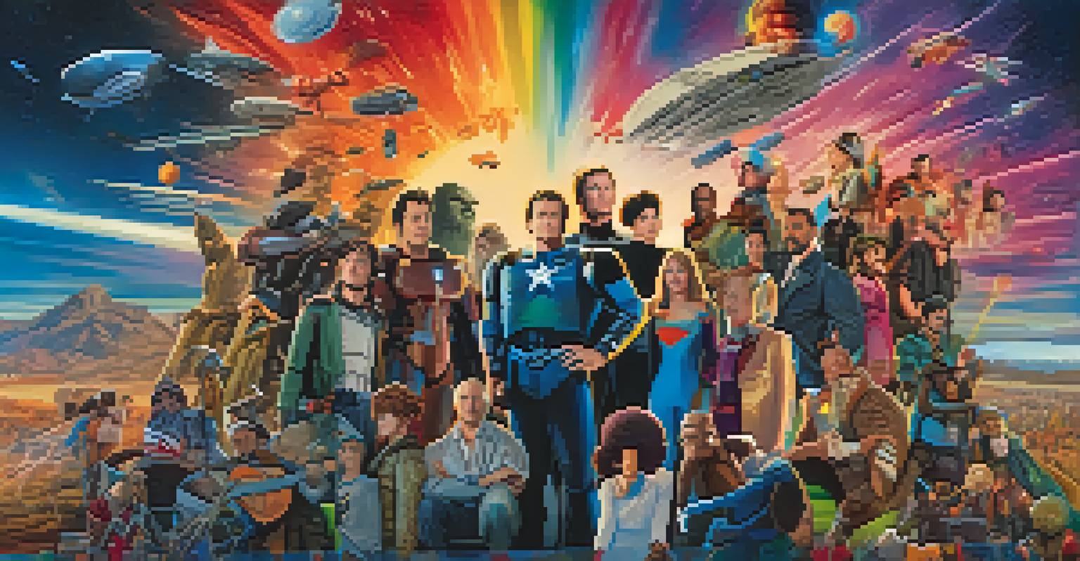 Various film characters from different cinematic universes interacting in a colorful landscape under a starry sky, showcasing creativity and connection.