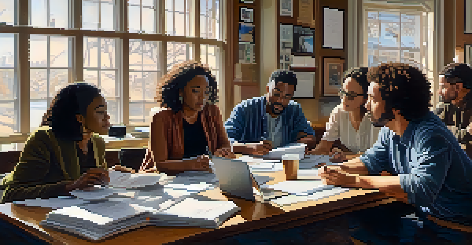 A diverse group of writers collaborating on a screenplay in a well-lit room, surrounded by notes and laptops, with inspirational quotes on the walls.